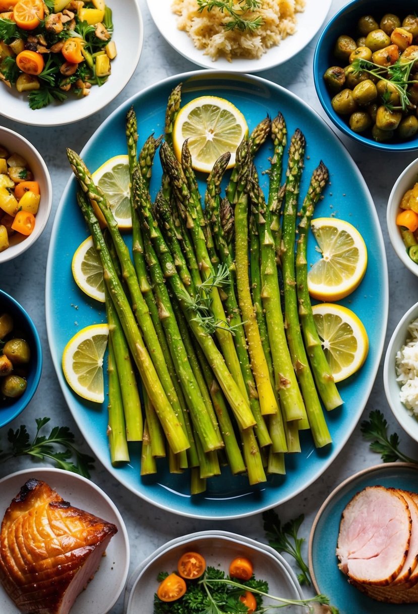 A platter of roasted asparagus with lemon slices, surrounded by 20 different side dishes for ham